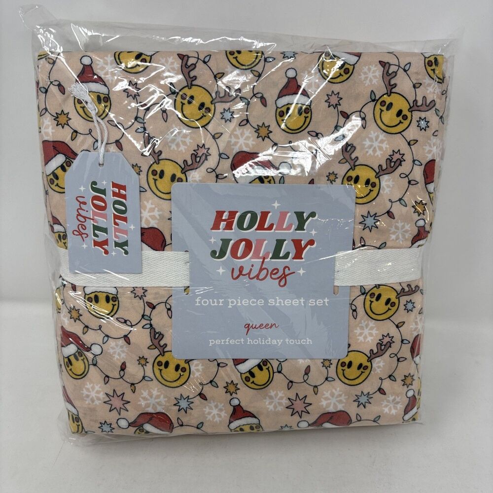 Holly Jolly Vibes Christmas Smiley Face Queen Sheet Set 4 Piece NWT